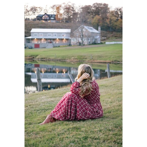 Gal Meets Glam New Red Maroon Plaid Long Puff Sleeve V- Neck Robyn Maxi Dress 2 - Picture 3 of 13